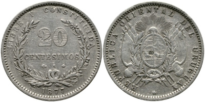Уругвай 20 сентесимо 1877 А KM 15 серебро 4523-1235