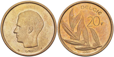 БЕЛЬГИЯ 20 ФРАНКОВ 1980 BELGIE, БОДУЭН I (1951-1993) KM 160 никель бронза 4391-515