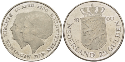 Нидерланды 2 1/2 гульдена 1980 коронация Беатрикс, 30 апреля 1980 KM 201 никель 38-141