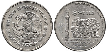 Мексика 200 песо 1985 Мо, 175-летие независимости KM 509 медно-никель 4367-1132