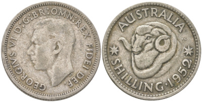 Австралия 1 шиллинг 1952 M, Георг VI (1936-1952), овца меринос KM 46 серебро 4622-141