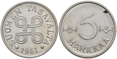 Финляндия 5 марок 1961 KM 37a никелированное железо 100-226