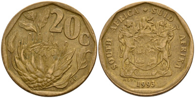 ЮАР 20 центов 1993 герб, цветок протея KM 136 сталь плакированная латунью 4169-1266