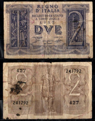 Италия 2 лиры 1939 Pick 27 бумага 2198-29-1-1