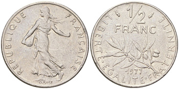 Франция 1/2 франка 1977 сеятель KM 931.1, Le Franc 198.16 никель 4613-855