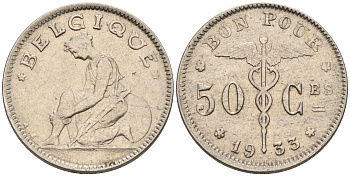 Бельгия 50 сантимов 1933 BELGIQUE KM 87 никель 4594-562