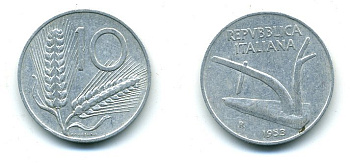 Италия 10 лир 1953 R, плуг, колосья KM 93 алюминий 25-922