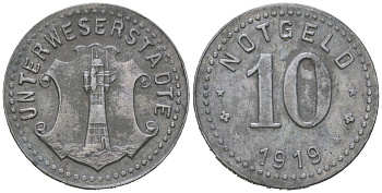 Города Бремерхафен, Лее и Гестемюнде 10 пфеннигов 1919 Unterweserstadte (Унтервезерштадт) Funck 558.2, Men05 25587.3, Men18 32086.3 цинк 4379-217