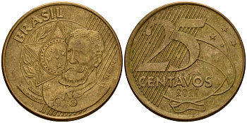 Бразилия 25 сентаво 2010 KM 650 сталь плакированная латунью 216-1126