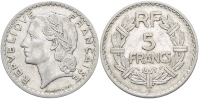 ФРАНЦИЯ 5 ФРАНКОВ 1947 В, CLOSED 9 KM 888b.2 алюминий 4403-224
