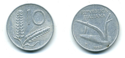 Италия 10 лир 1953 R, плуг, колосья KM 93 алюминий 25-922