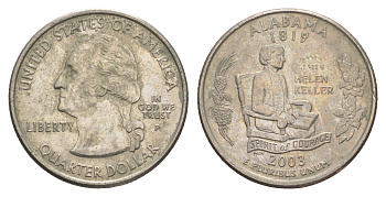 США 25 центов (квотер, 1/4 доллара) 2003 P, квотер штата Алабама KM 344 медь плакированная медно-никелем 4652-847