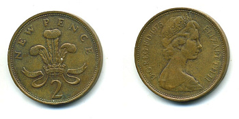 Великобритания 2 пенса 1975 Елизавета II (1952-2022) KM 916, Spink 4235 (C1) бронза 540-413