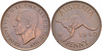Австралия 1 пенни 1940 KG, Георг VI (1936-1952), кенгуру KM 36 бронза UNC 633-742
