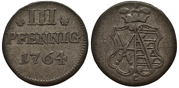 Саксония 3 пфеннига 1764 Фридрих Август III (1763-1806), из коллекции Gerhart Rother Kahnt 1134, Buck 101, Slg. Merseburger 1912, Gotz 6056 серебро 413-6441