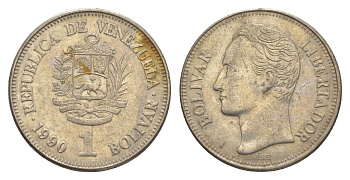 Венесуэла 1 боливар 1990 Симон Боливар, толстый шрифт Y 52a.2 сталь плакированная никелем 4592-126