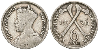 Южная Родезия 6 пенсов 1936 Георг V (1910-1936) KM 2 серебро 4617-132
