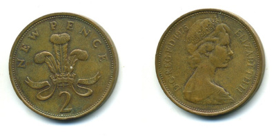 Великобритания 2 пенса 1975 Елизавета II (1952-2022) KM 916, Spink 4235 (C1) бронза 540-413