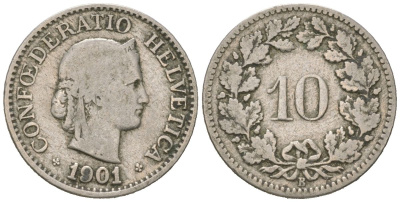 Швейцария 10 раппенов 1901 B KM 27 медно-никель 4617-442