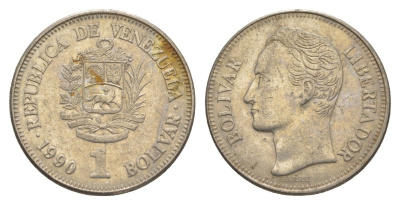 Венесуэла 1 боливар 1990 Симон Боливар, толстый шрифт Y 52a.2 сталь плакированная никелем 4592-126