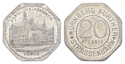 Нюрнберг трамвайный (транспортный) жетон в 20 пфеннигов ND (1920-1921) Театр комедии Men05 19256.4, Men18 24102.4 алюминий UNC 4638-236