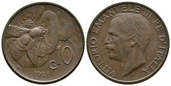 Италия 10 чентезимо 1928 R, Виктор Эммануил III (1900-1946), пчела KM 60 бронза 4622-315