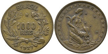 БРАЗИЛИЯ 1000 РЕЙС 1927 ФИГУРА ВПРАВО С РОГОМ ИЗОБИЛИЯ KM 525 алюминиевая бронза 34-853