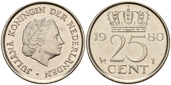 Нидерланды 25 центов 1980 Юлиана (1949-1980) KM 183 никель    4598-131