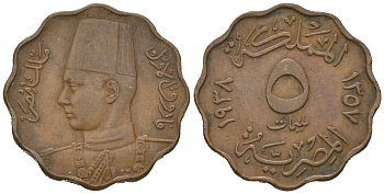 Египет 5 миллим 1938 AH 1357, Фарук (1936-1952) KM 360 бронза 4611-1257