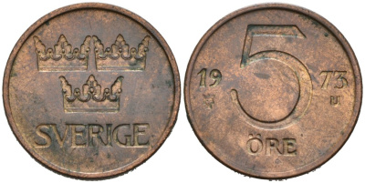Швеция 5 эре 1973 Густав VI Адольф (1950-1973) KM 845 бронза 4564-737