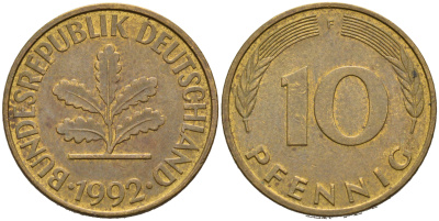ФРГ 10 пфеннигов 1992 F KM 108, J.383 сталь плакированная латунью 4681-1211