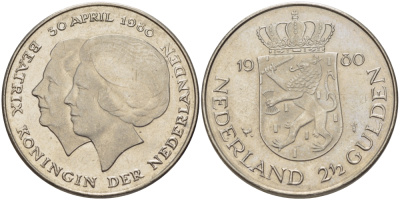 Нидерланды 2 1/2 гульдена 1980 коронация Беатрикс, 30 апреля 1980 KM 201 никель 38-136