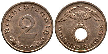 Германия 2 рейхспфеннига 1938 A KM 90, J. 362 бронза 176-913