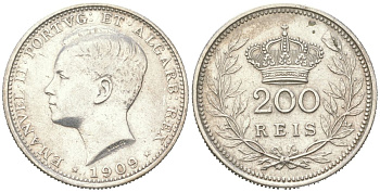 Португалия 200 реалов 1909 Мануэл II (1908-1910) KM 549 серебро 4616-154