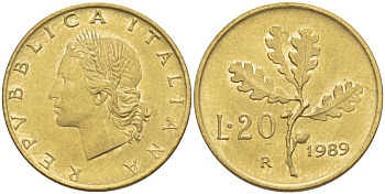 ИТАЛИЯ 20 ЛИР 1989 R, ДУБОВЫЕ ЛИСТЬЯ KM 97.2 алюминиевая бронза 4551-326