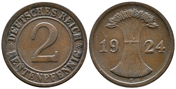 ГЕРМАНИЯ 2 РЕНТЕНПФЕННИГА 1924 E KM 31, J. 307 бронза 24-635