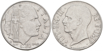Италия 20 чентезимо 1943 R, Виктор Эммануил III (1900-1946), XXI год KM 75b, VEM3. 1031 нержавеющая сталь 3853-1222