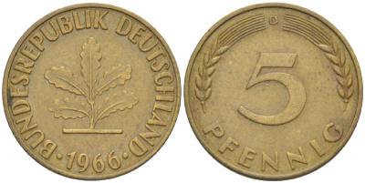 ФРГ 5 ПФЕННИГОВ 1966 D KM 107, J. 382 сталь плакированная латунью 4181-914