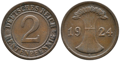 ГЕРМАНИЯ 2 РЕНТЕНПФЕННИГА 1924 E KM 31, J. 307 бронза 24-635