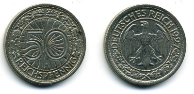 Германия 50 рейхспфеннигов 1927 A KM 49, J. 324 никель 58-221