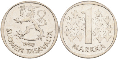 ФИНЛЯНДИЯ 1 МАРКА 1990 M KM 49а медно-никель UNC 4556-841
