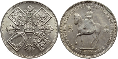 Великобритания 1 крона (5 шиллингов) 1953 коронация королевы Елизаветы, Елизавета II (1952-2022) Елизаветы KM 894, Spink 4136 медно-никель UNC 73-831