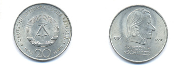 ГДР 20 марок 1972 А, Фридрих Шиллер (1759-1805) KM 40 медно-никель 3333-726