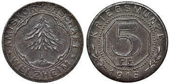 Германия, Вельцхайм 5 пфеннигов 1918 Баден-Вюртемберг, нотгельд Funck 593.1, Frenzel 593.1.3 железо 4119-813