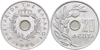Греция 20 лепта 1969 Константин II (1964-1974), оливковая ветвь KM 79 алюминий UNC 28-953