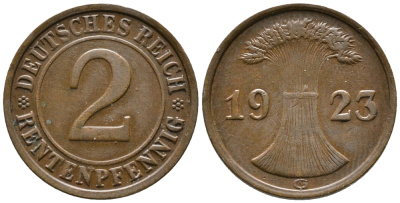 ГЕРМАНИЯ 2 РЕНТЕНПФЕННИГА 1923 G KM 31, J. 307 бронза 24-345