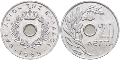 Греция 20 лепта 1969 Константин II (1964-1974), оливковая ветвь KM 79 алюминий UNC 28-953