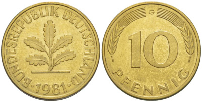 ФРГ 10 ПФЕННИГОВ 1981 G KM 108, J. 383 сталь плакированная латунью 219-537