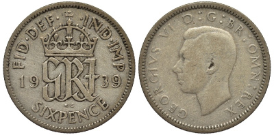 Великобритания 6 пенсов 1939 Георг VI (1936-1952) KM 852, Spink 4084 серебро 4538-434