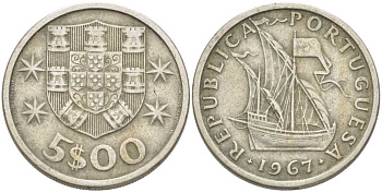 ПОРТУГАЛИЯ 5 ЭСКУДО 1967 ПАРУСНИК KM 591 медно-никель 213-252